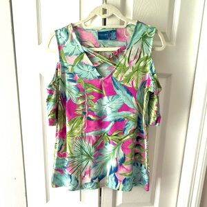 Caribbean Joe Pink and Green Cold Shoulder Top, Size Medium